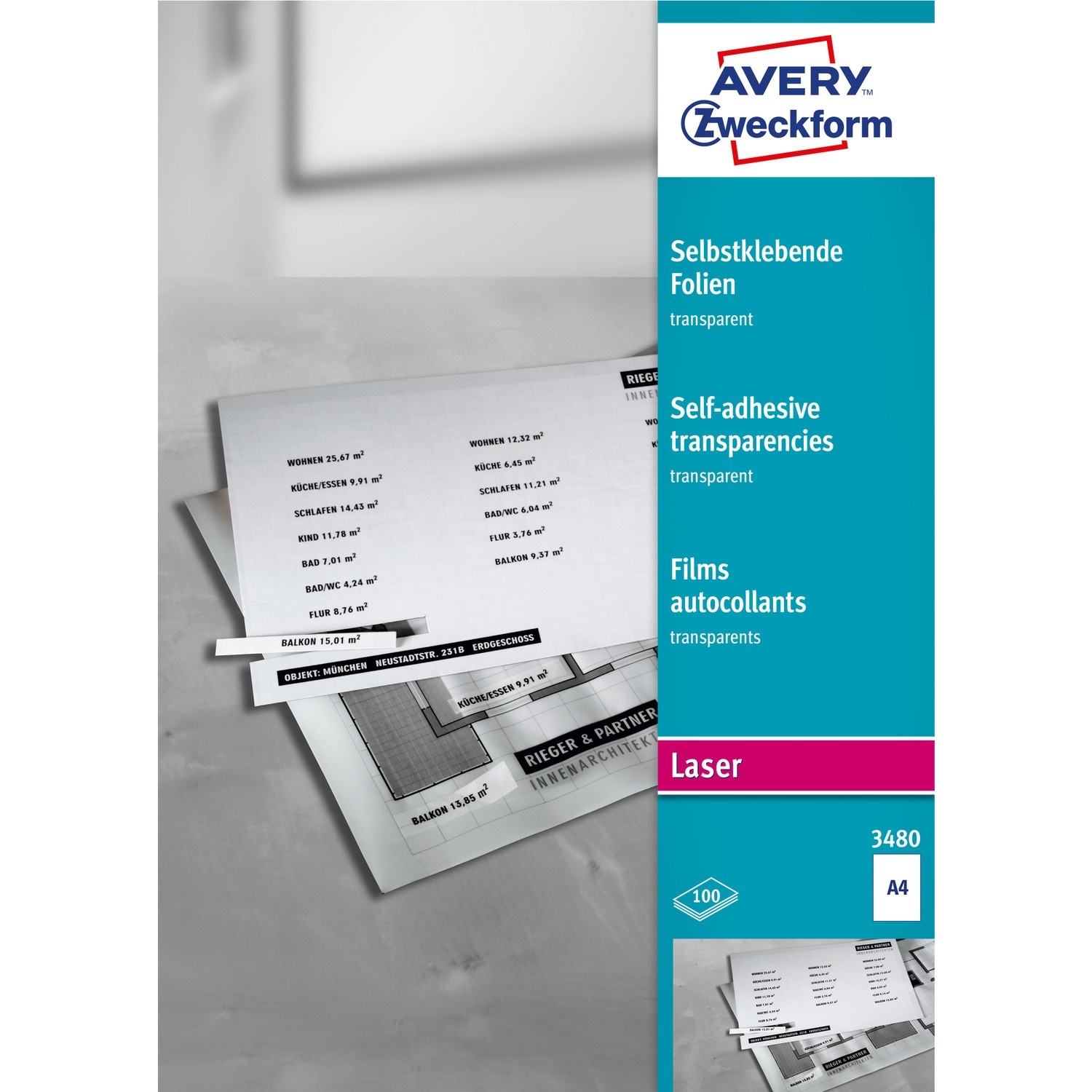 Folie samoprzylepne A4 0.13mm przezroczyste LASER 100ark 3480 AVERY ZWECKFORM