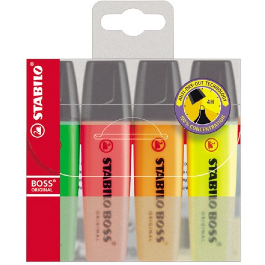 Zakreślacz STABILO BOSS 4szt.neon w etui z wieszaczkiem 70/4