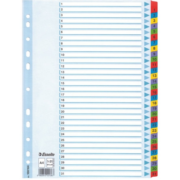 Przekładki kartonowe MYLAR A4 1-31 100164 białe ESSELTE