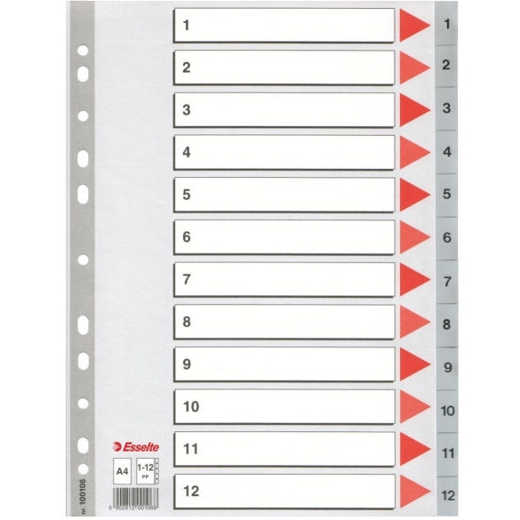 Przekładki plastikowe szare PP A4 1-12 100106 numeryczne ESSELTE