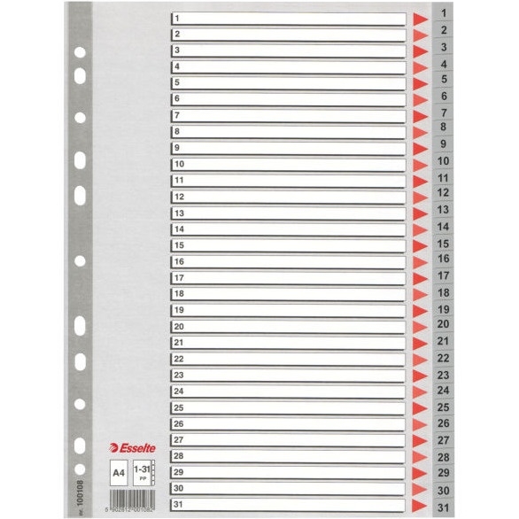 Przekładki plastikowe szare PP A4 1-31 100108 numeryczne ESSELTE