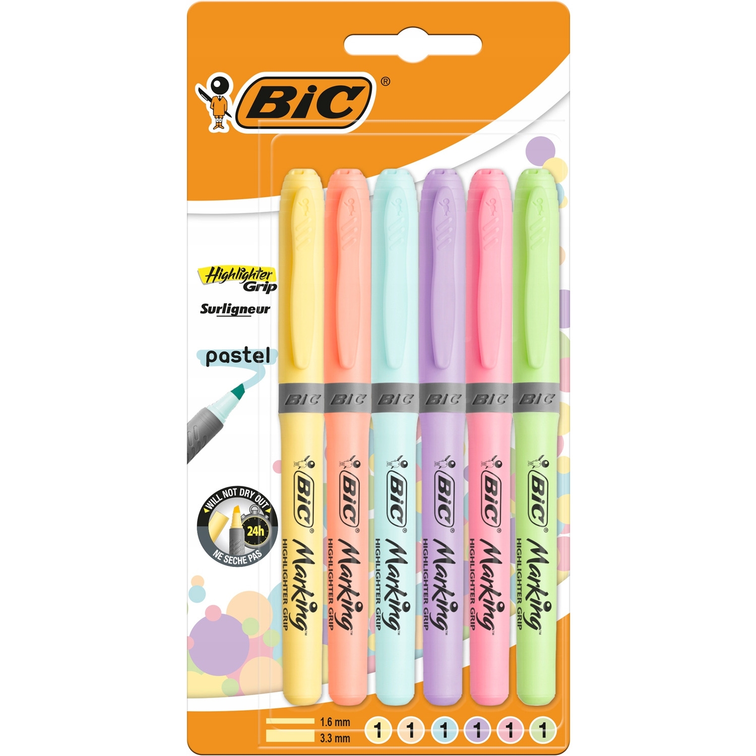 Zakreślacz BIC HIGHLIGHTER GRIP pastelowe kolory opakowanie 6 szt. 992561 BIC
