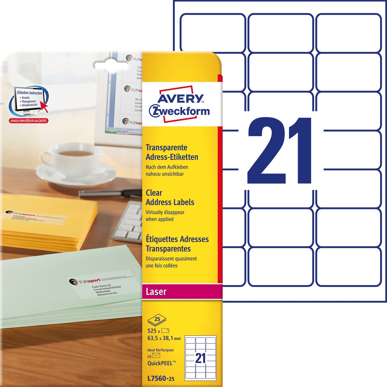 Etykiety ZF A4 63.5x38mm (25 arkuszy) przezroczyste L7560-25 AVERY ZWECKFORM