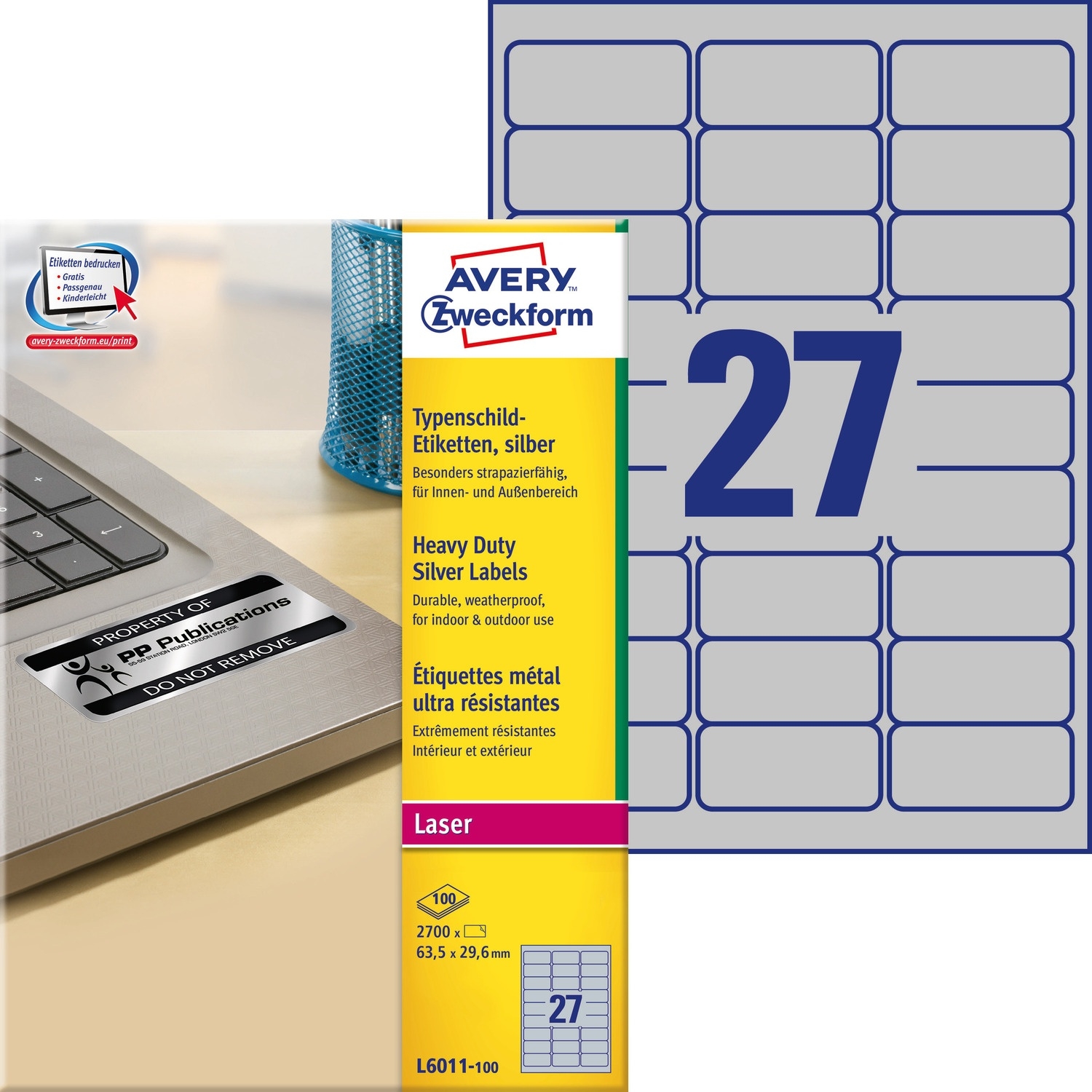 Etykiety ZF A4 635x296mm L6011-100 znamionowe srebrne AVERY ZWECKFORM
