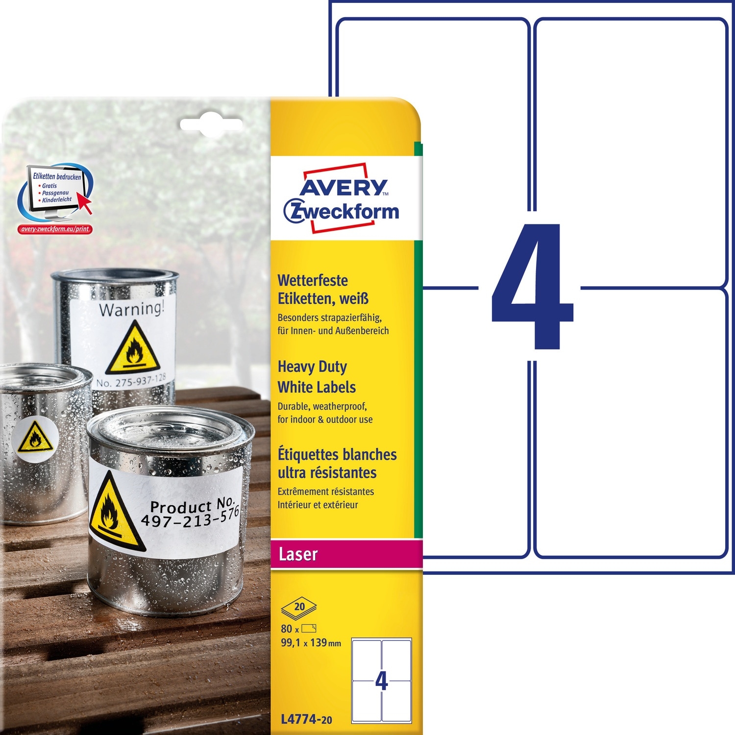 Etykiety Heavy Duty 99.1x139mm białe poliestrowe L4774-20szt AVERY ZWECKFORM