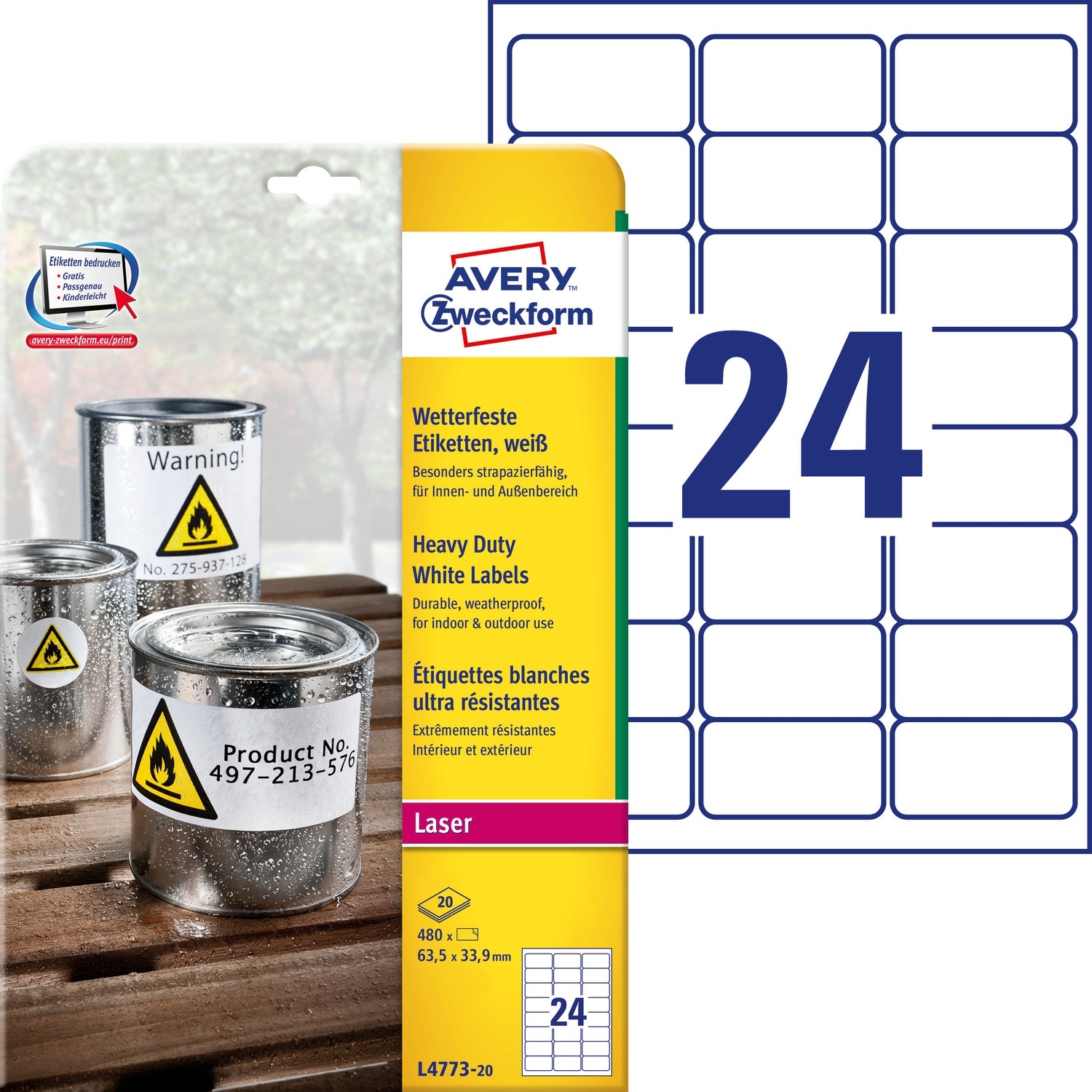 Etykiety Heavy Duty 63.5x33.9mm L4773-20 ZF 20ark AVERY ZWECKFORM