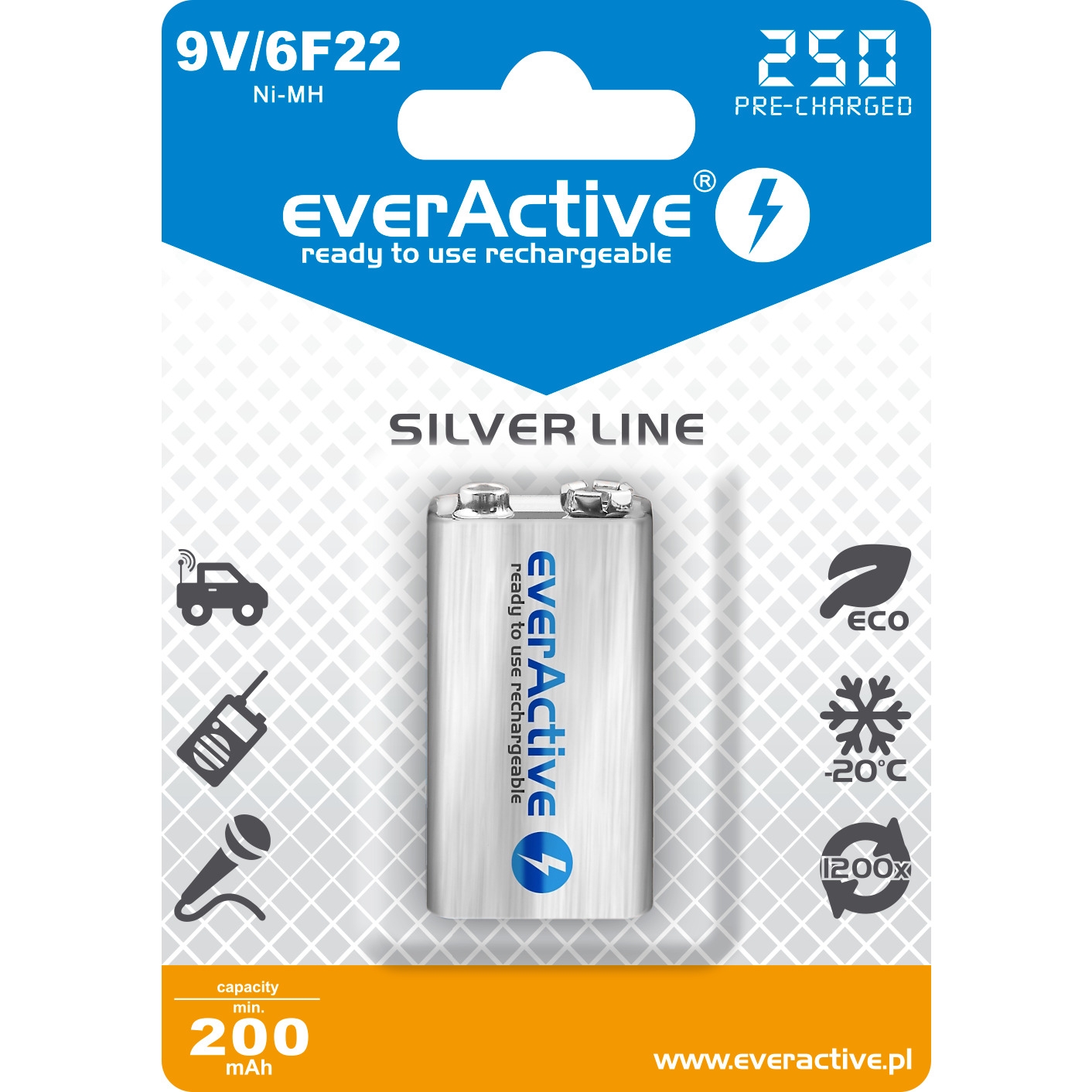 Akumulatorek Ni-MH EVERACTIVE Silver Line 6F22 9V 200mAh blister