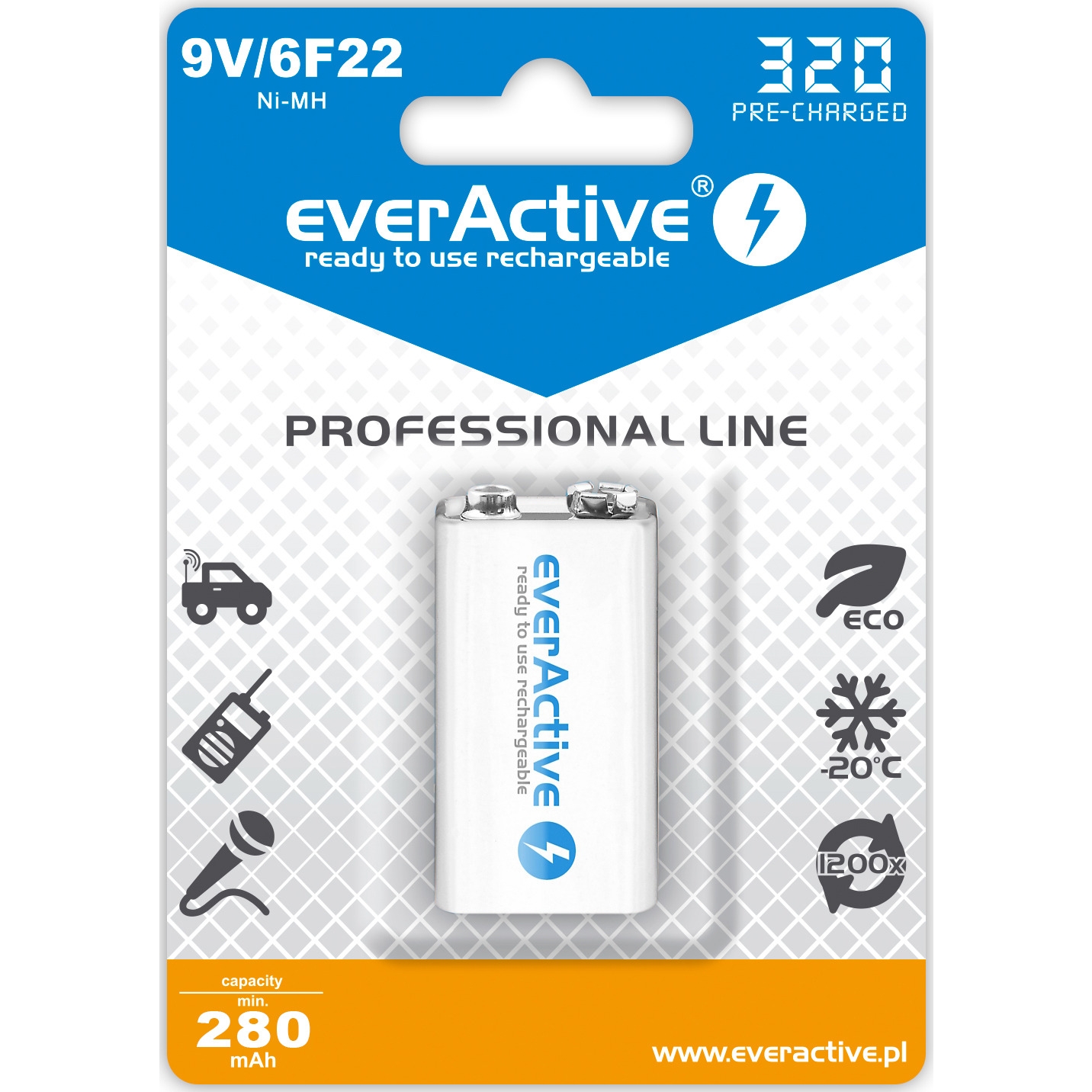 Akumulatorek Ni-MH EVERACTIVE Professional Line 6F22 9V 280mAh blister