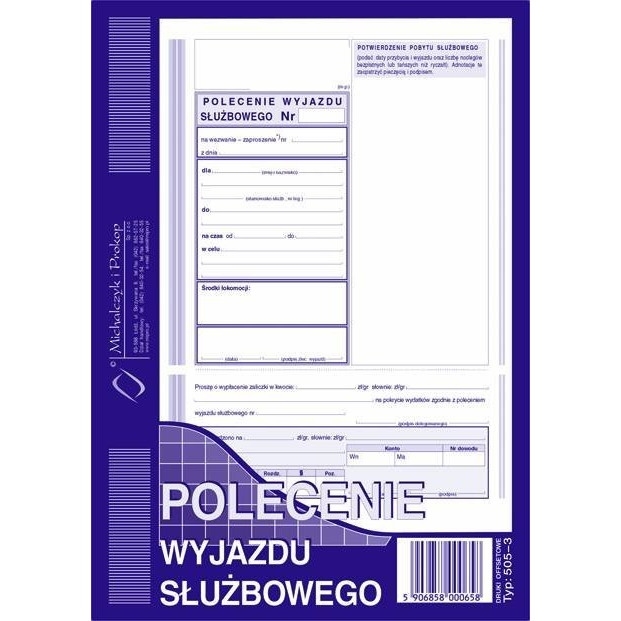 505-3 Polecenie wyjazdu służbowego MICHALCZYK&PROKOP A5 40 kartek