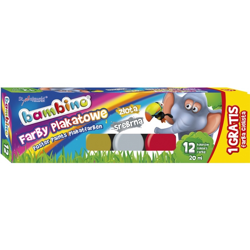 Farby plakatowe 12 kolorów, 20 ml + 1 farba cielista gratis BAMBINO
