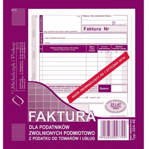204-4E Faktura dla zw.podm.z pod.2/3 A5 MICHALCZYK I PROKOP