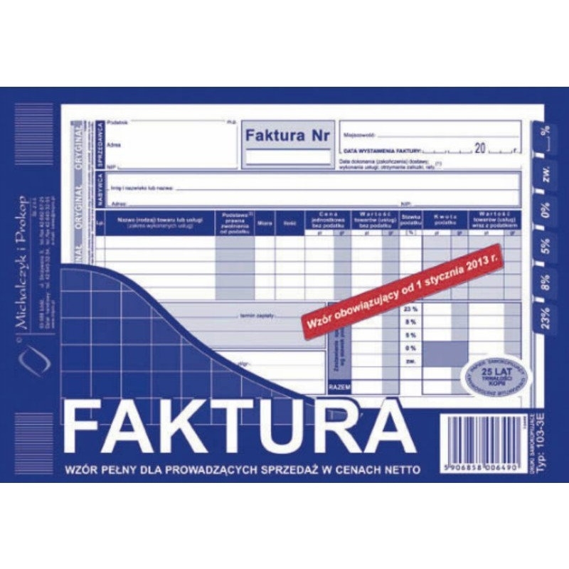 103-3E Faktura VAT netto (pełna) A5 oryginał+kopia MICHALCZYK i PROKOP
