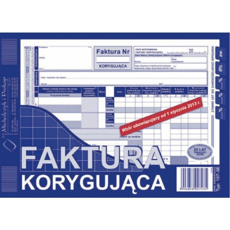 107-3E Faktura VAT korygująca MICHALCZYK&PROKOP A5 80 kartek