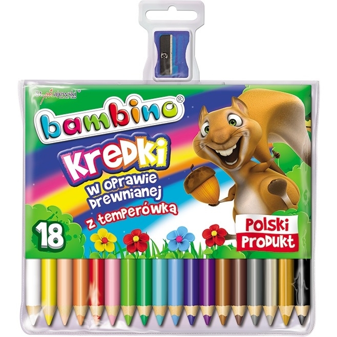 Kredki trójkątne BAMBINO 18 kolorów w oprawie drewnianej +temperówka
