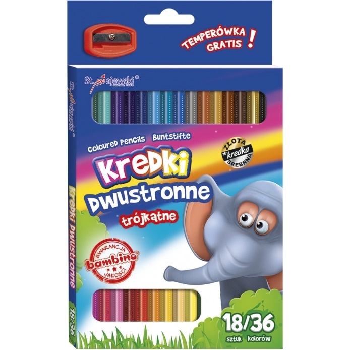 Kredki szkolne trójkątne dwustronne 18/36 kolorów + temperówka BAMBINO