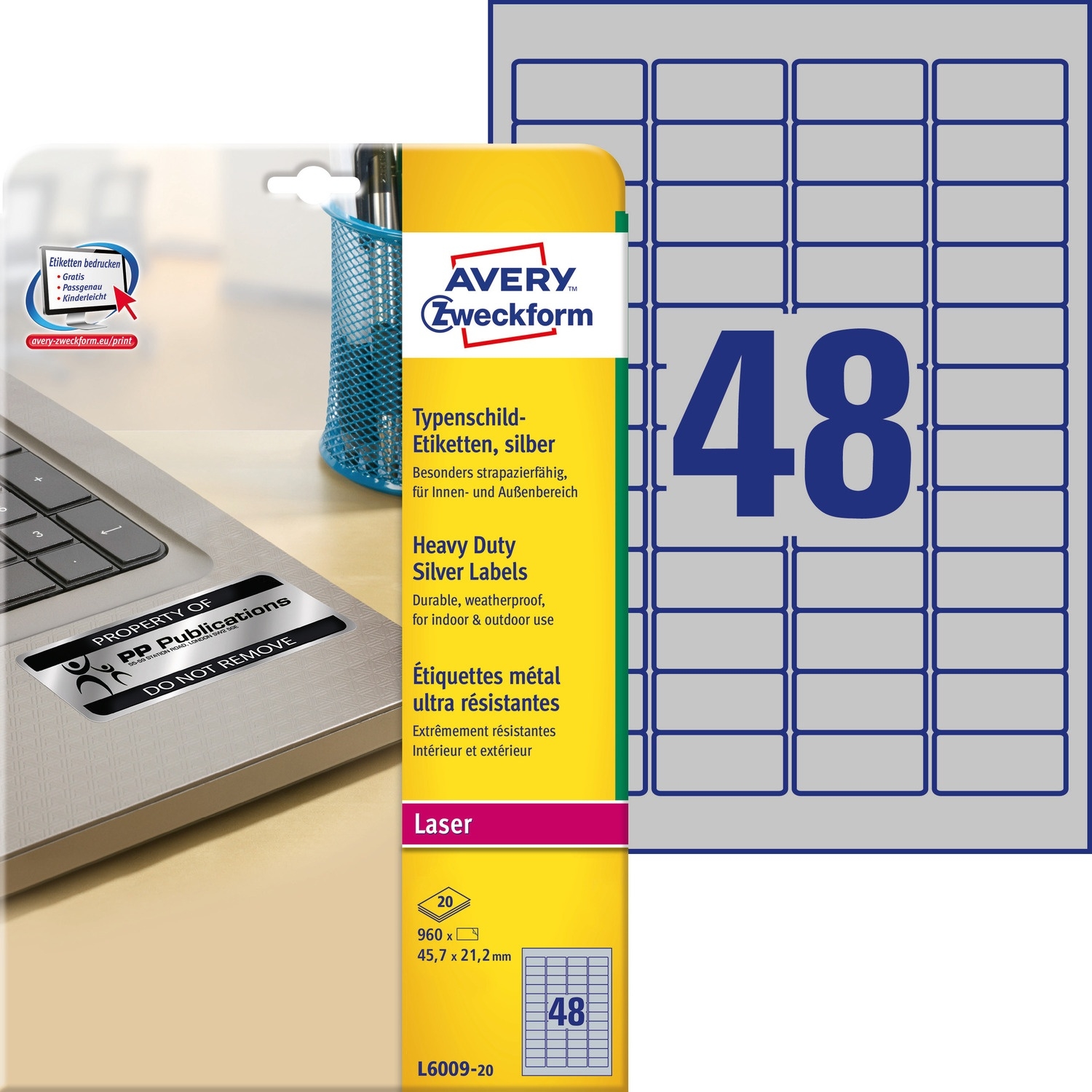 Etykiety ZF Heavy Duty 45.7x21.2mm (20) srebrne poliestrowe L6009-20 AVERY ZWECKFORM